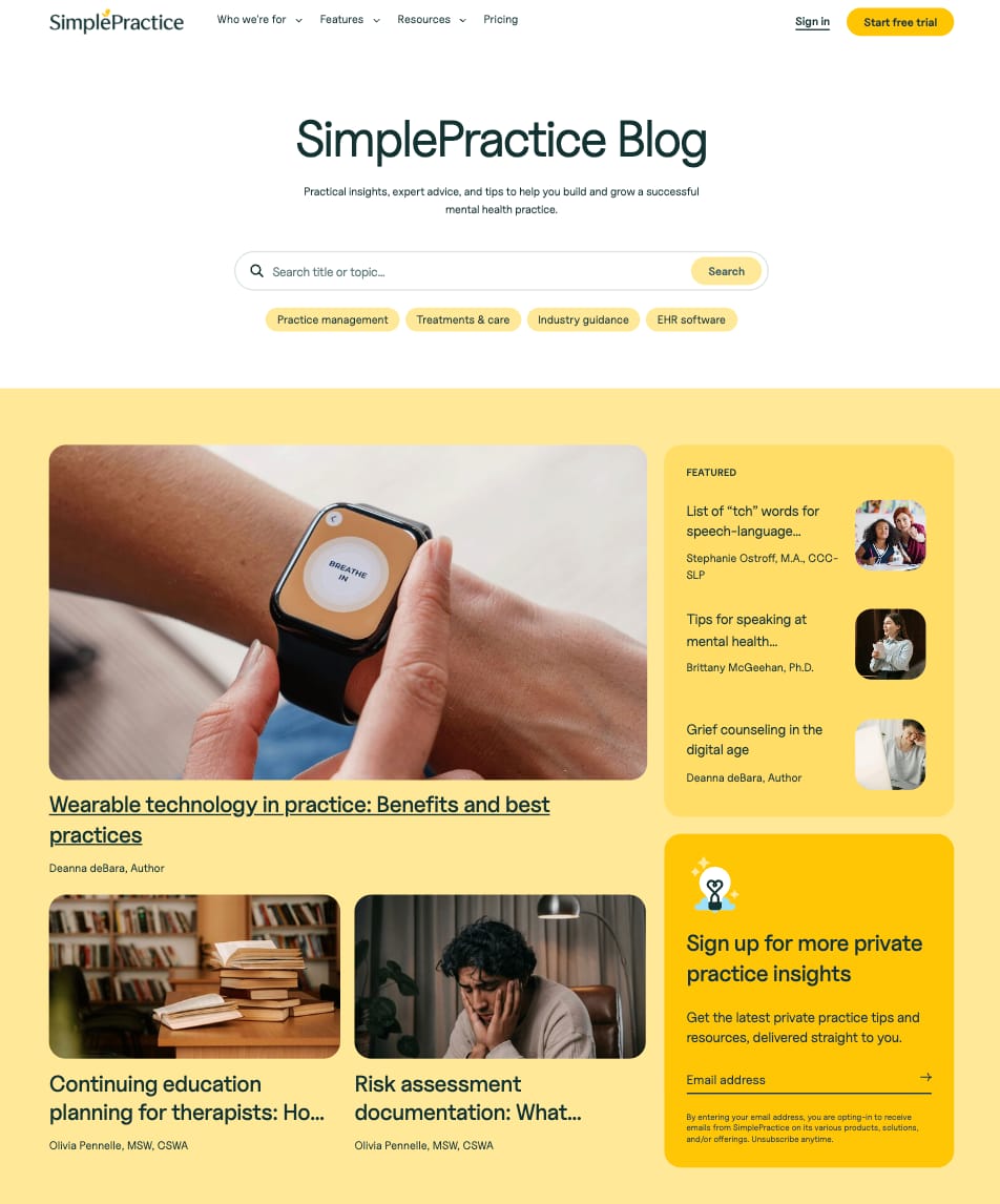 SimplePractice Blog homepage